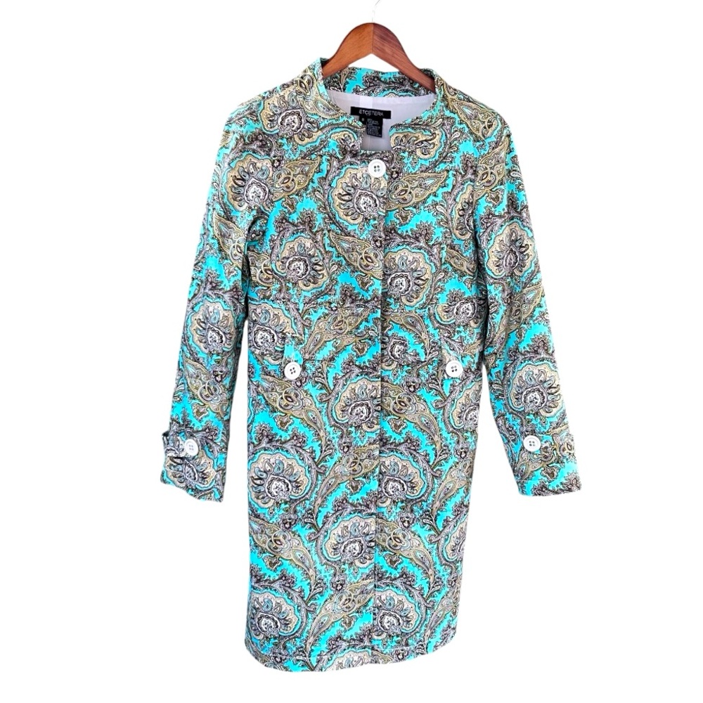 Etcetera Long Jacket Women’s Sz 8 Turquoise Brown Front Button Nehru Collar EUC